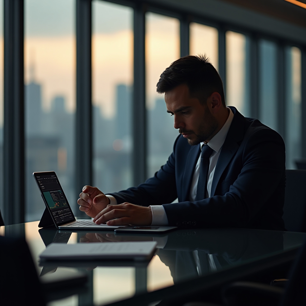 Владелец бизнеса изучает материалы о фондовом рынке